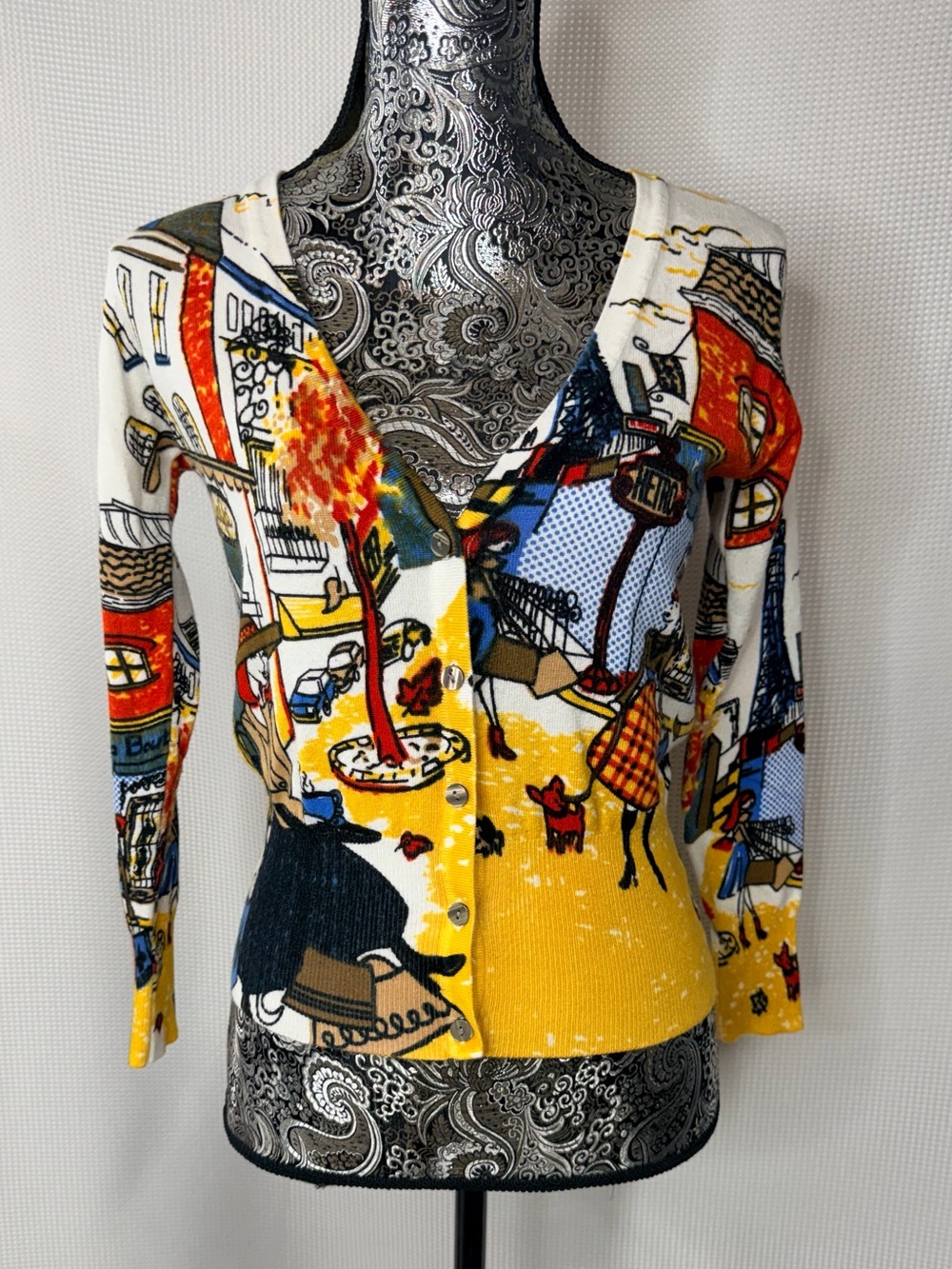 Colorful Illustrated V-Neck Button Cardigan - Yellow Multi